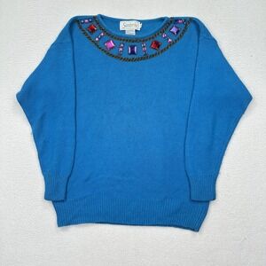 VTG Santoria Silk Blend Sweater Women's Size Medium Blue Bedazzled Neck